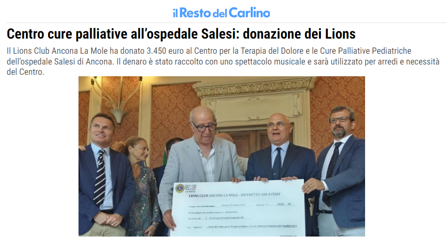 Centro cure palliative all'ospedale Salesi: donazione dei Lions